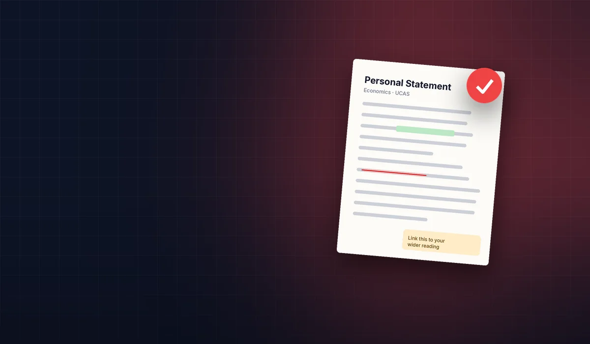 A marked-up economics personal statement with tracked changes and a margin comment